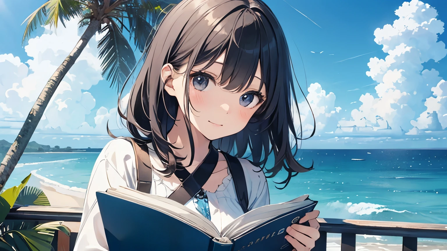 （Cute older sister:1.3）、((Very detailed)) sky、((1 person)),I have a book,Ocean,Tropical atmosphere,Summer sky