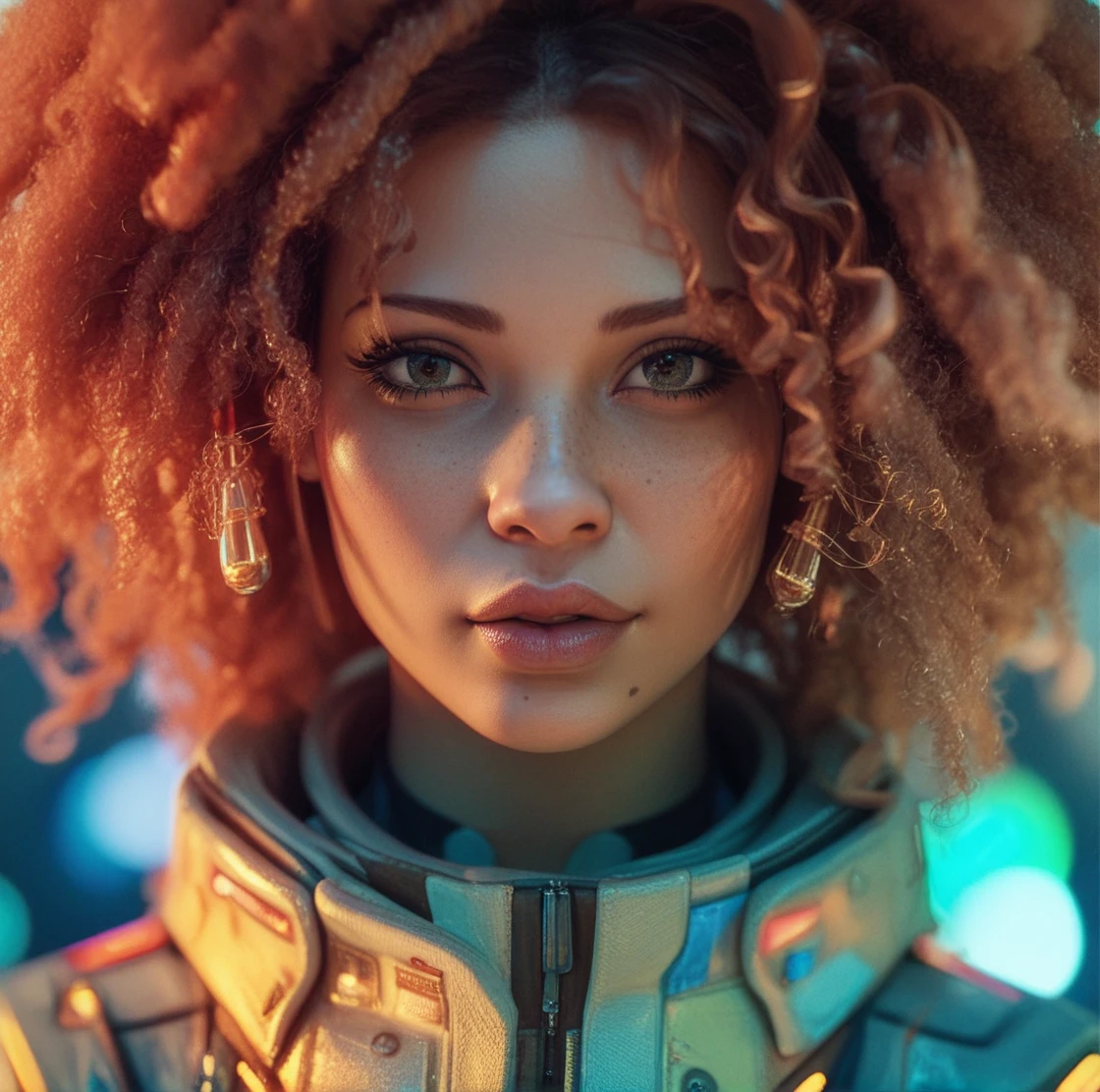 Realistic, 4K, HD, ultra detailed, Portrait of the same mixed skin stunning young woman with afro curly orange brown hair