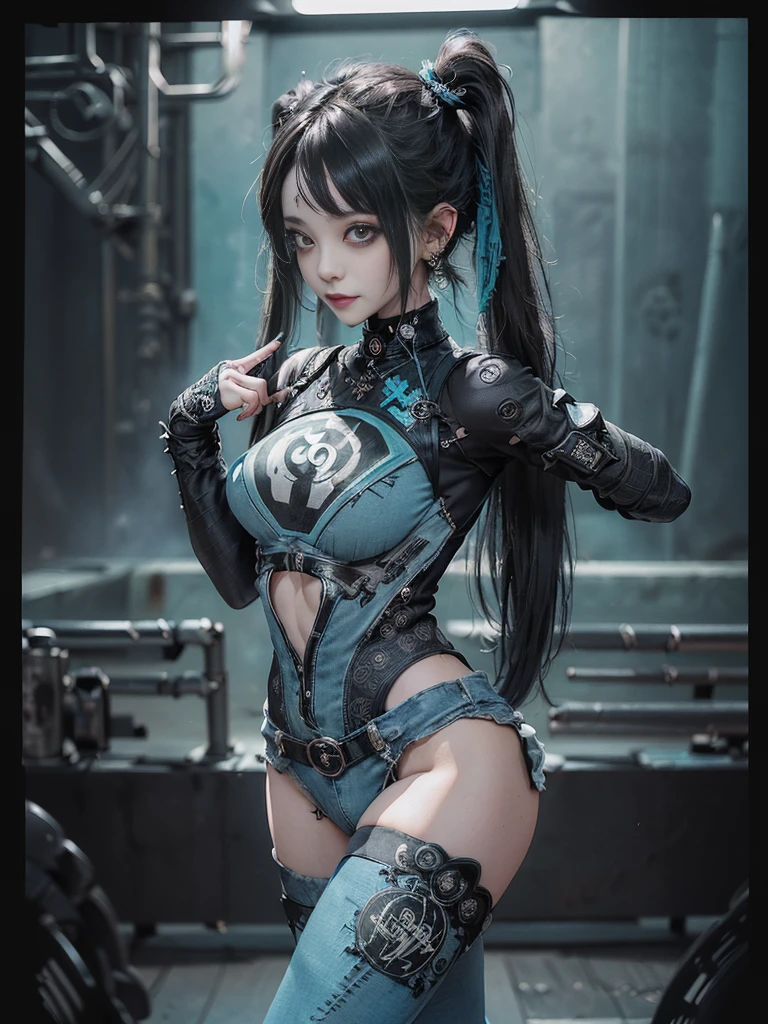 (Full Body View:1.4)、(Full body:1.3)、(Smiling with teeth showing:1.3),(Shibuya Gal:1.5)、(Gothic ta style fashion:1.5)、(Punk RockVisual Kei:1.5)、(Wearing a rhythmic gymnastics bodysuit with intricate details:1.4)、(Racing suit and pants with intricate turquoise, denim and charcoal decorations:1.5)、(Denim and light blue and turquoise boots:1.3)、((belt))、(Numerous delicate logo marks all over the costume:1.4)、(collar:1.3)、(Polka dot underwear:1.5)、20-year-old、NSFW、((Highest quality、In 8K、masterpiece:1.3))、Sharp focus:1.2、(Layered Cut、Huge boobs:1.1),Beautiful woman with perfect figure:1.4、(do a gravure pose:1.3)、Slender Abs:1.2、Highly detailed face and skin texture、Detailed eyes、double eyelid,(Twin tails:1.3)、(Black brown hair:1.3)、Gravure idol、(The background is the stage of the fashion show:1.3)、(Slim body:1.3),(Make your legs thinner:1.4),(clavicle:1.1)