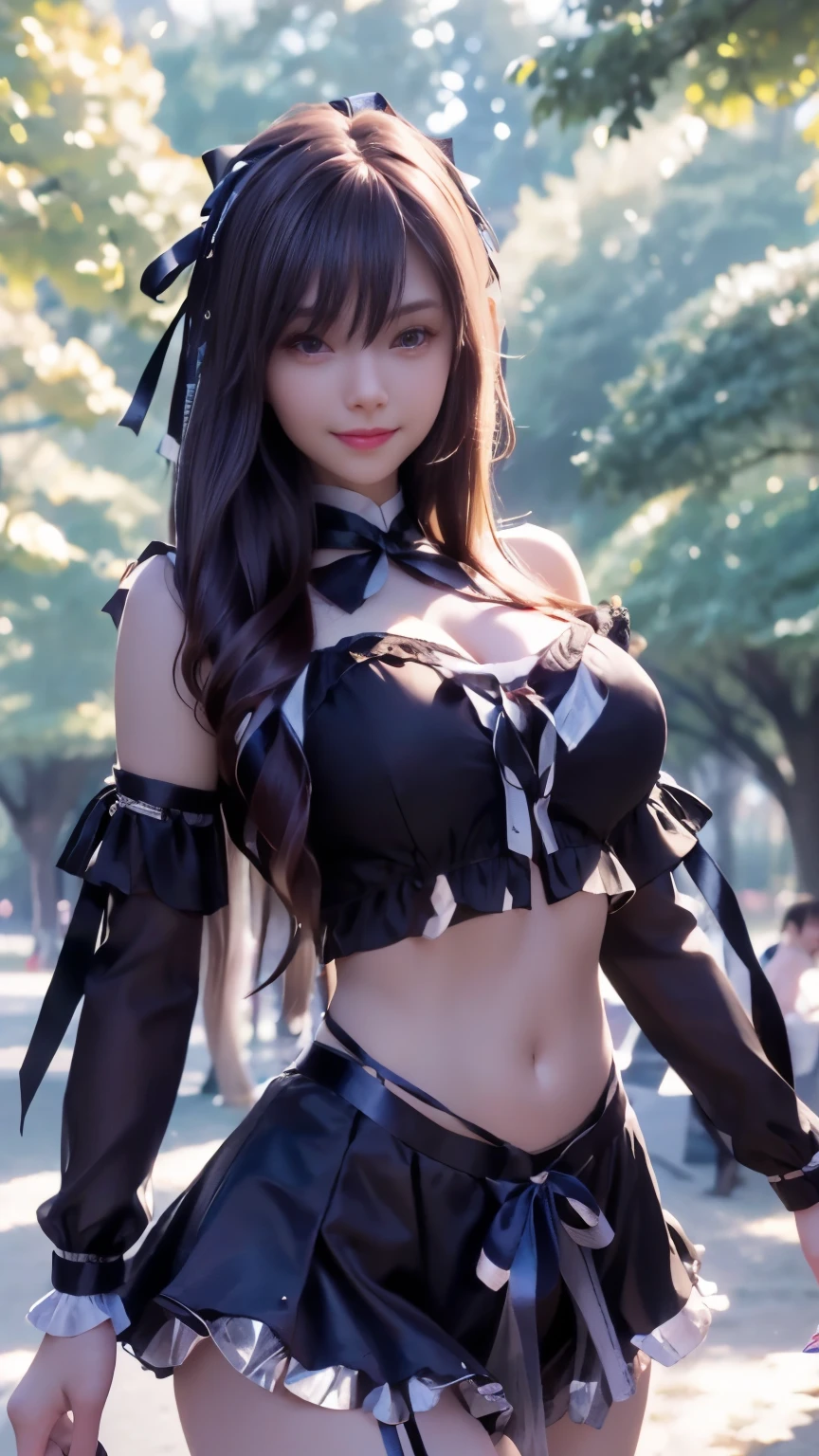 (ultra-realistic realism), (illustratio), (A high resolution), (8K), (The is very detailed), (Best Illustration), (Beautifully detailed eyes), (top-quality), (ultra - detailed), (tmasterpiece), (HD Color), 1 girl, ((24 years old girl)), (A detailed face), solo, 1 girl in, looking at viewert, finedetail, A detailed face, in the darkness nigth, deep shading, low tune, pureerosfaceace_V1, A smile, black shawl ,straight hair, 46-point diagonal bangs, (beautiful stomach, strips), (shining ribbon:1.5), (cropped shoulders), (in the park:1.5), lake, ((dancing pose)),