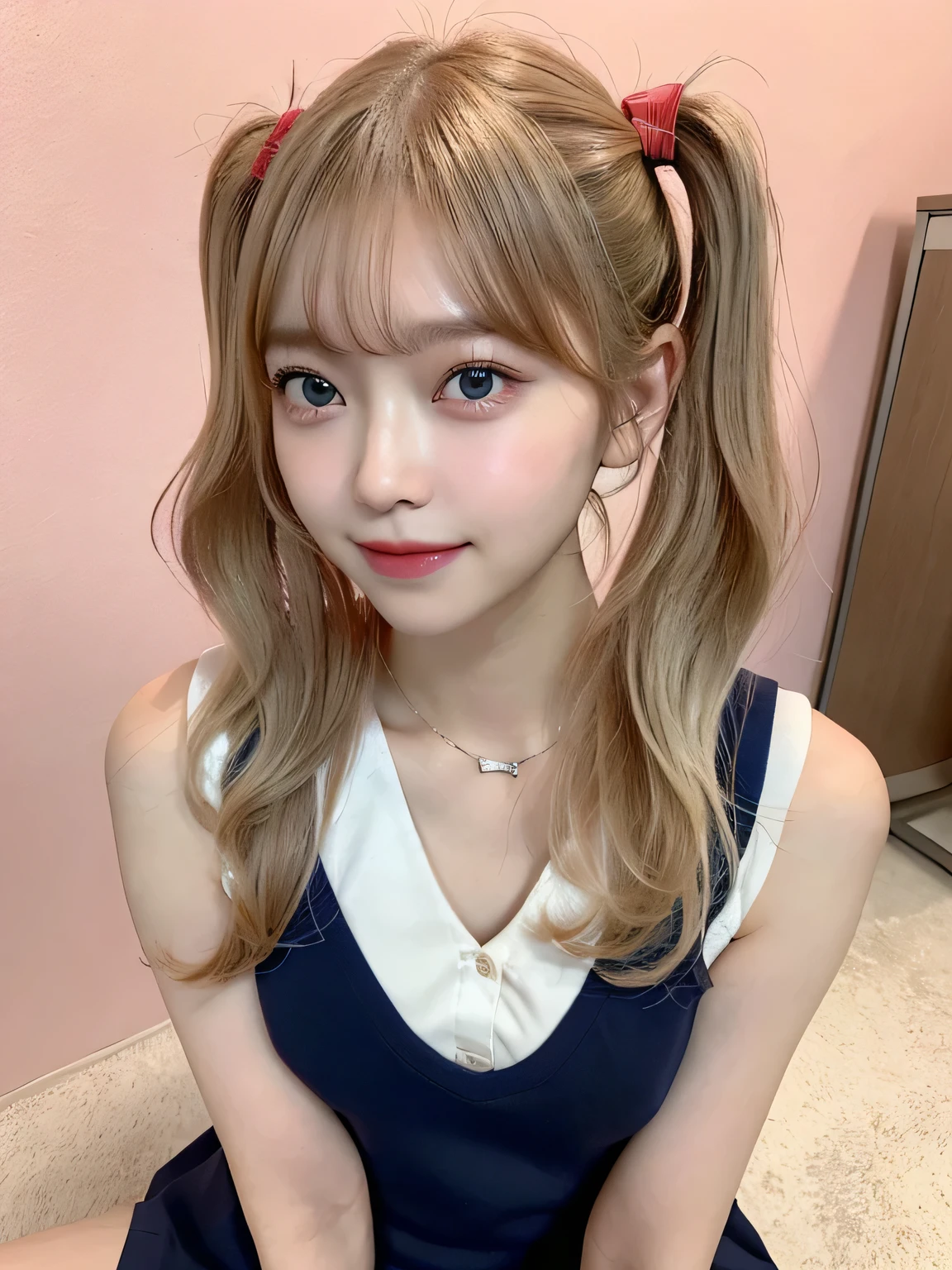One person、11 years old、Full body photo,slender、woman、White drool coming out of the mouth、smile、、Blonde、Short Twin Tails、 Fair skin, messy hair, super cute、Soft and Face、8K resolution、Surreal、Ultra high definition、 A-cup small breasts（（Highest resolution、8K、masterpiece：1.3））、Ultra-fine face、Ultra Fine Lips、Beautiful Eyes、double eyelid,Pink wall、Navy blue polo shirt with sleeveless collar、Red Skirt、Thighs、thin,Thighsが見える、Shapely small breasts、sexy、So cute!,Sitting in a chair、Thighsが見える、