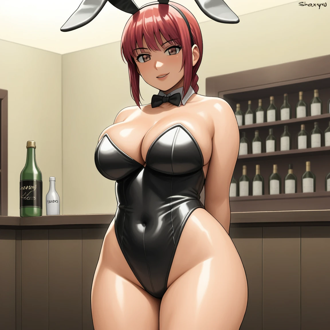 1girl, crowbird, breasts, animal_ears, makima_(sawman), bunny_rabbit, bunny_ears, collar_detached, eyes, hair, solo, big breasts, black_hair, leotard, looking at viewer, covered navel, bow tie, cleavage, bare legs , fake animal ears, smile, bow, high legs, shiny, black leotard, ultra thick thighs, 1Raven, bare shoulders, super thick thighs, high leg leotard, shiny skin, arms behind back, bangs, bare leotard straps , lips , strapless, cowboy shot, bottle, wide hips, bright clothes, indoors, open lips, bar_(place), black bow, collarbone,