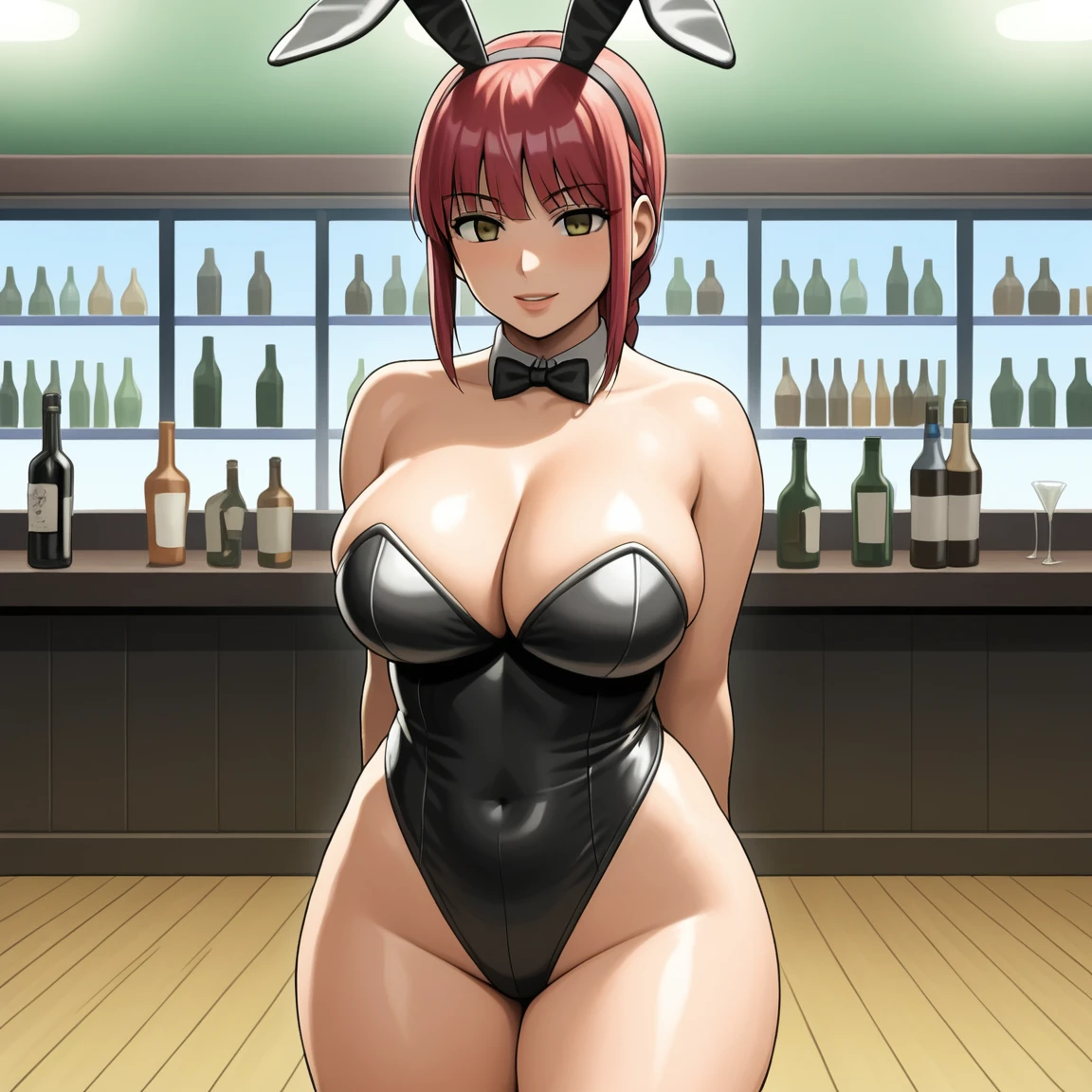 1girl, crowbird, breasts, animal_ears, makima_(sawman), bunny_rabbit, bunny_ears, collar_detached, eyes, hair, solo, big breasts, black_hair, leotard, looking at viewer, covered navel, bow tie, cleavage, bare legs , fake animal ears, smile, bow, high legs, shiny, black leotard, ultra thick thighs, 1Raven, bare shoulders, super thick thighs, high leg leotard, shiny skin, arms behind back, bangs, bare leotard straps , lips , strapless, cowboy shot, bottle, wide hips, bright clothes, indoors, open lips, bar_(place), black bow, collarbone,