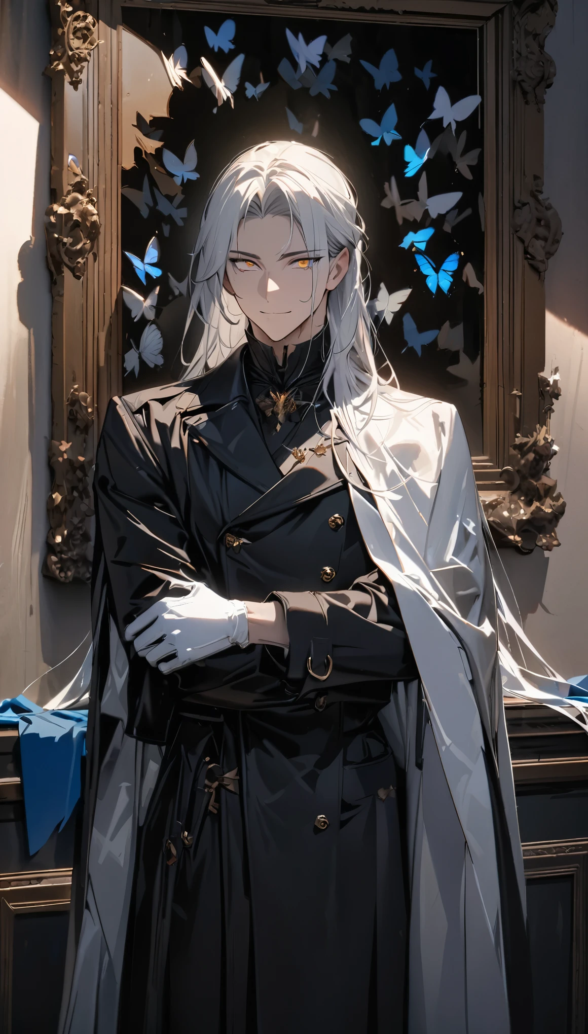 (masterpiece:1.5),best quality,(1 Handsome man),alone,white long length hair,(Golden eyes), (A soft smile),elegant,perfect face,Long black trench coat,white and blue cloth,white leather gloves,white lining,Slightly muscular body,High,8K,Beautiful contrast of light and shadow,Dark luxury background,(complete upper body),Positive face,luxury screen,Standing in front of the historical oil painting,Exquisite picture frame,((many butterflies)),(Museum),Museum