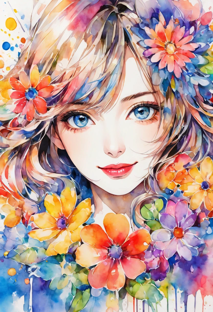 beautiful woman portrait, cute smile, Sylvia Pelissero watercolors, colorful flowers, beautiful eyes,  upper body, abstract art, intense watercolor, watercolor detailed art, watercolor splash, surreal, avant-garde pop art, Beautiful and expressive paintings, Beautiful artwork illustration, very colorful tones, wonderful, cool beauty, highest quality, official art, women only, sharp outline, best shot, vector art, lips in love、 (((The strongest beautiful women of all time))), (((Japanese)))、clear, (((highest quality))), lips in love, HDR, ((Detailed details)), stylish fashion, detailed clothing texture, (((graffiti art))), colorful hair, ((masterpiece))、((Super detailed))