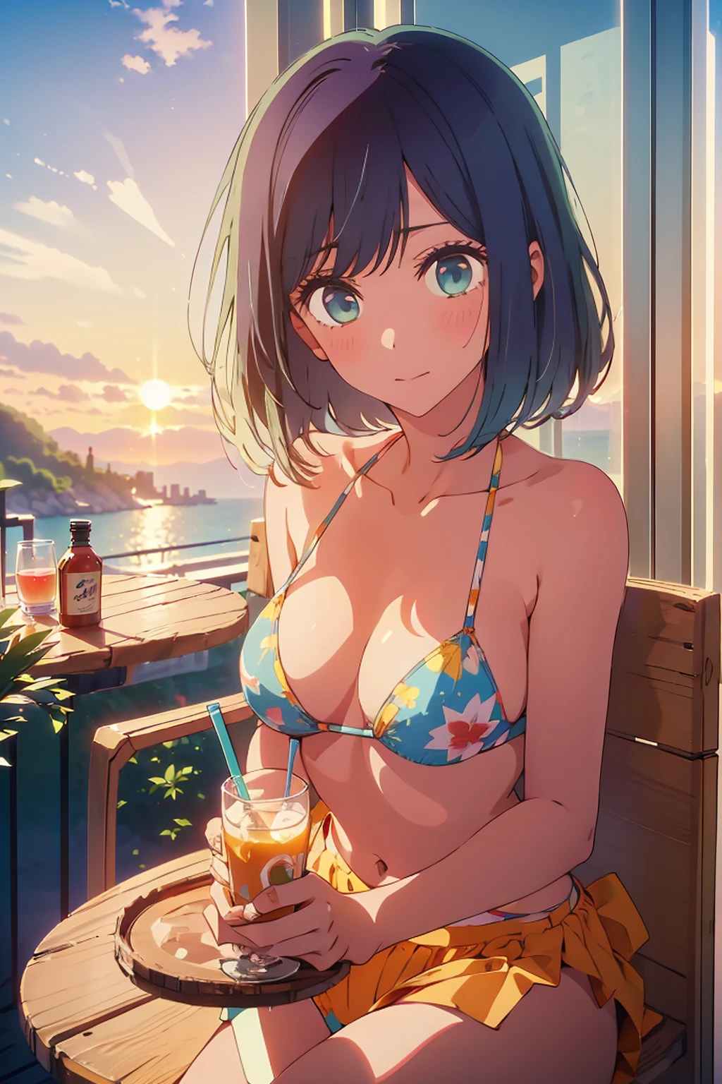 (Highest quality:1.4、masterpiece:1.4、Super detailed:1.4、8K:1.4)、Slim body、((((1 person、Surprised expression、sit、Outdoor café terrace、coastal、juice、table、Sandy Beach、bikini、juiceのグラスを持つ、Big eyes、Shallow depth of field、Very cute face))))、(((sunset、Sunset)))、(((bikiniサイズは小さい)))、F cup bust、Big Breasts、Get up close and take a photo