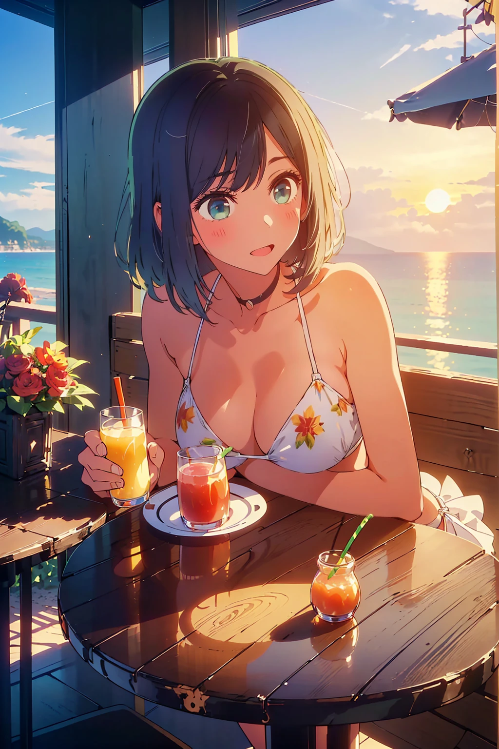 (Highest quality:1.4、masterpiece:1.4、Super detailed:1.4、8K:1.4)、Slim body、((((1 person、Surprised expression、sit、Outdoor café terrace、coastal、juice、table、Sandy Beach、bikini、juiceのグラスを持つ、Big eyes、Shallow depth of field、Very cute face))))、(((sunset、Sunset)))、(((bikiniサイズは小さい)))、F cup bust、Big Breasts、Get up close and take a photo