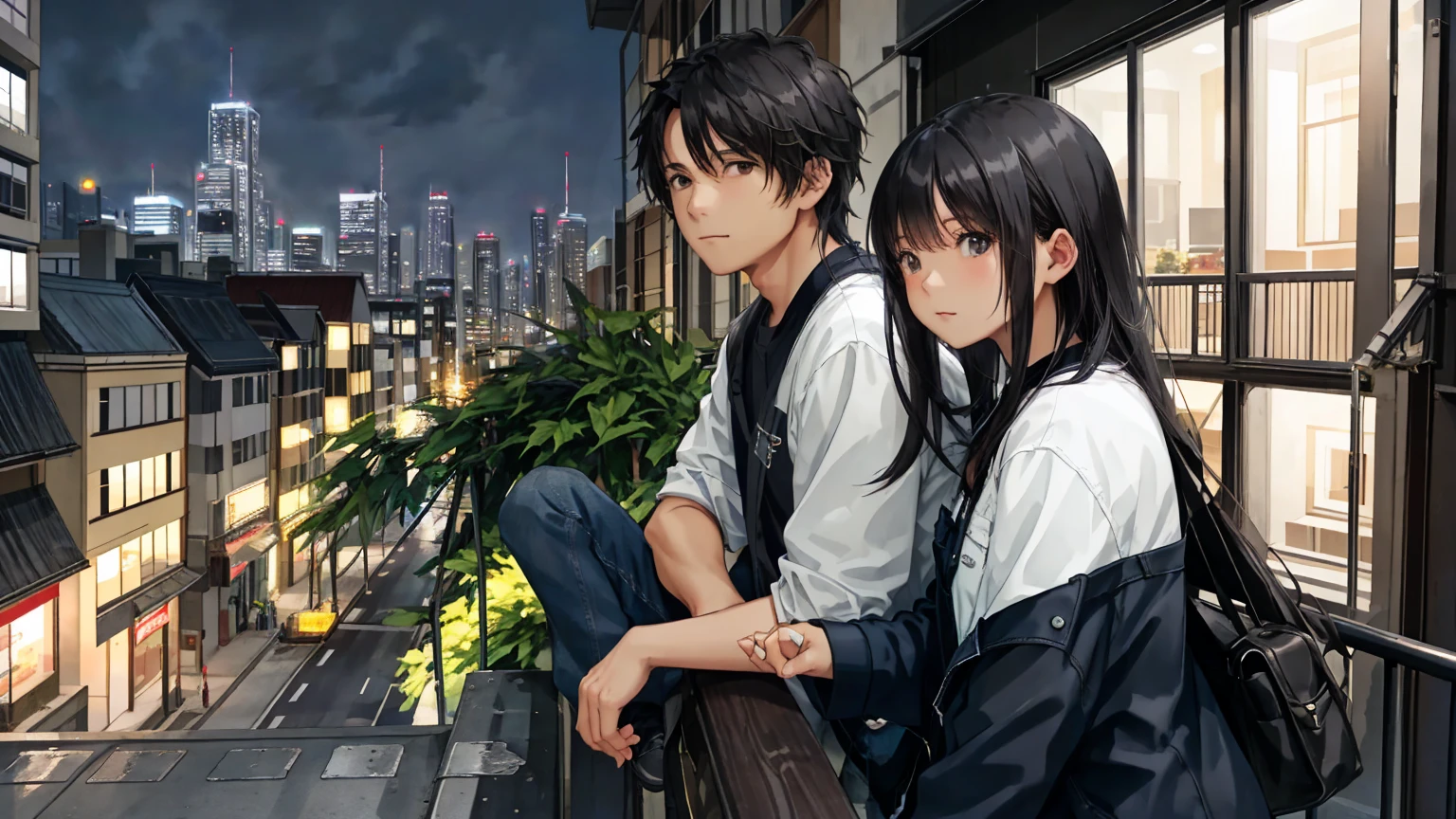 A July night in the city, with a cool breeze blowing through the buildings. After the rain, the sky is clear, and stars twinkle through the gaps in the clouds. A woman with long black hair flowing in the wind, and a handsome man, enjoying a moment of twilight in the summer night. The man and woman are captured in a shot as they turn to head deeper into the city, both dressed in casual urban summer clothing, adding to the relaxed atmosphere of the urban landscape.