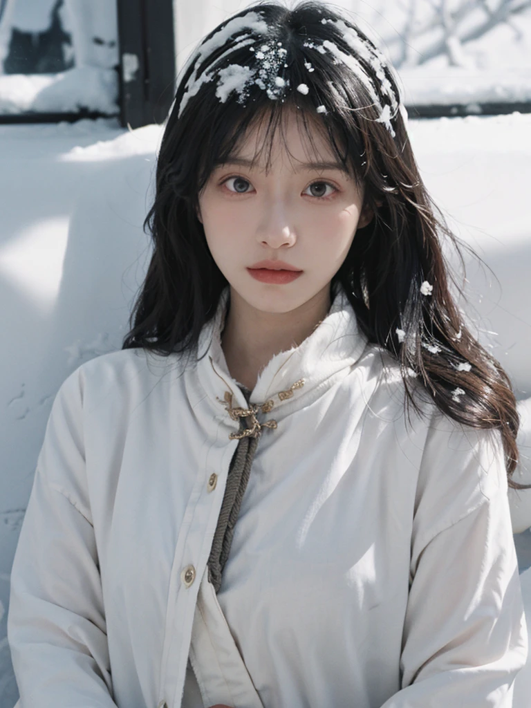 best quality, Ultra-high resolution, White background,(Realistically:1.4), girl, A pair of eyes as clear as snow,Imperial sister,Black long straight, Looking at the audience, close up ,