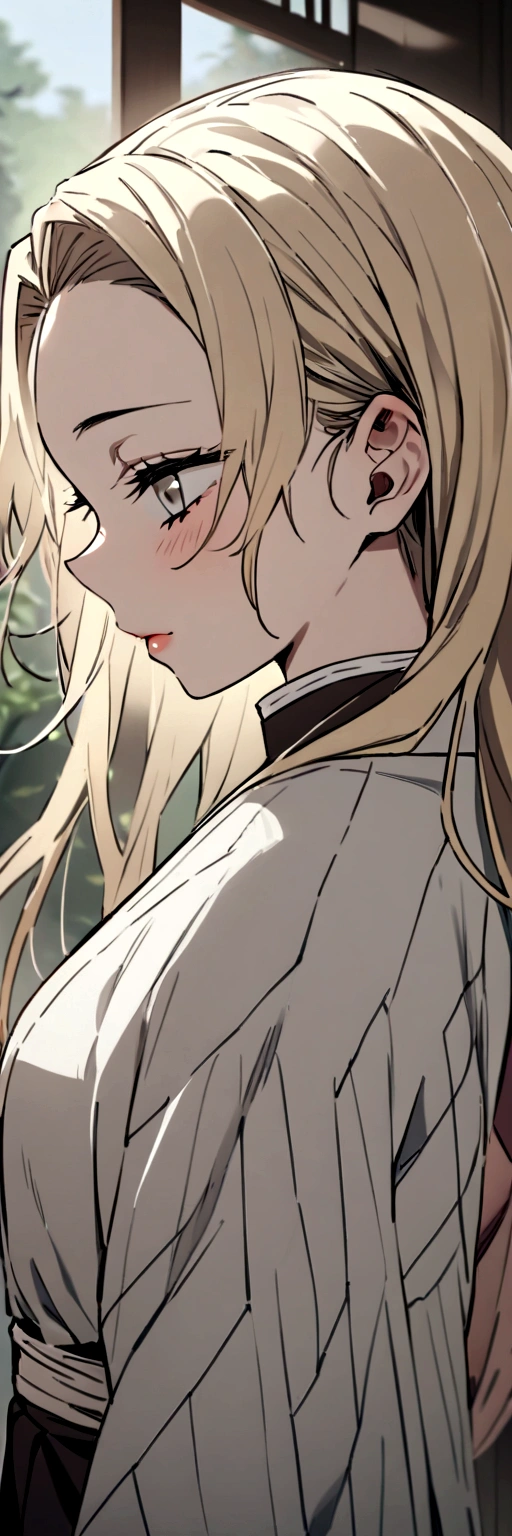 Masterpiece, Best Quality, a girl、light blonde hair、long hair、gray eyes、wearing haori、smiley、Kimetsu no Yaiba