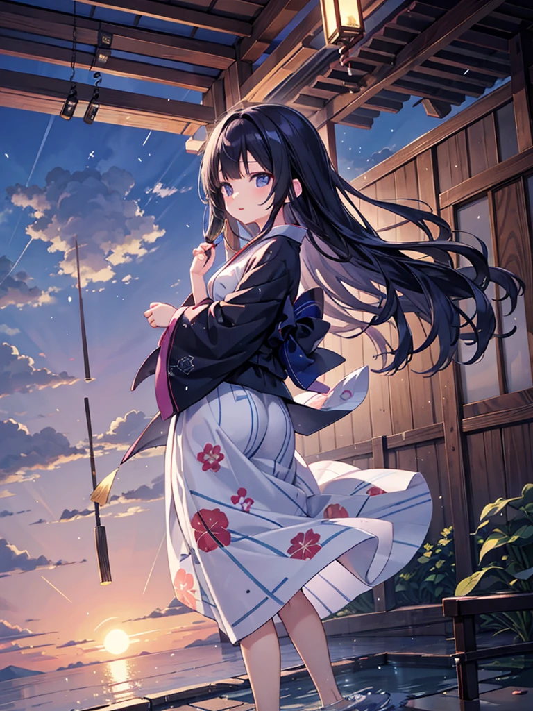 Anime illustration、masterpiece、Highest quality、Summer season after rain background、Long black hair、Wearing a yukata with a morning glory pattern、Wind chimes are hanging down and swaying in the wind
