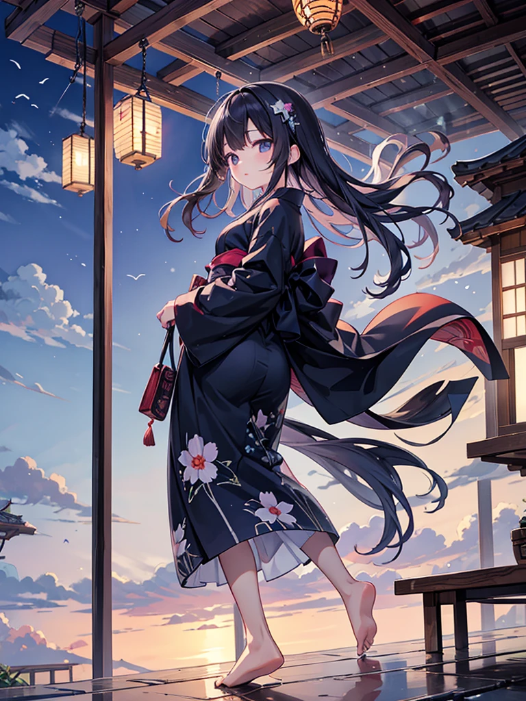 Top image quality　Original Characters、City Girl、summer clothing、Long Black Hair、A city made up of Japan glass wind chimes、Huge entrance cloud、Evening glow