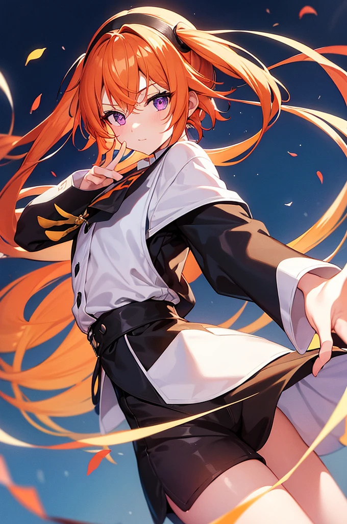 White background、Japan anime illustrations、成人male、アニメのmale、Orange Hair、all back、She has her bangs up、Black headband、Monocle、Purple Eyes、White shirt、Black vest、Black slacks、Brown leather shoeale