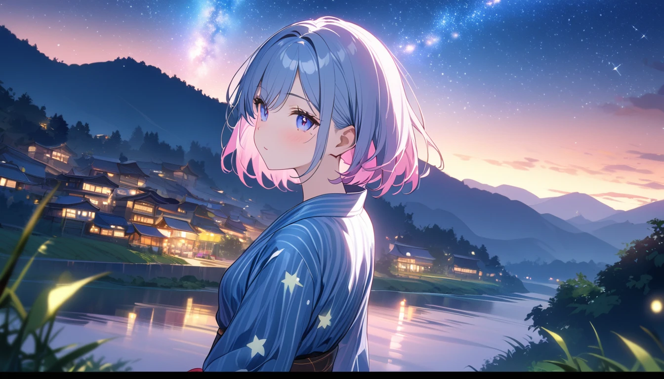 (1 girl), (Best Picture Quality, 8K, Masterpiece:1.3), (high school student:1.5), (pink lob hair:1.1), [skyblue hair:0.1], (bob cut), (swept bangs), (cute eyes, pupil black, iris skyblue, youthful face), (mole under right eye), (standard weight), (small breasts), (glistening skin:1.1), (pale skin:1.2), ((yukata decorated with stars and galaxies:1.3)), ((magical glow of light enveloping the yukata)), (standing by a riverbank under a starlit sky with the Milky Way visible), (bamboo trees with colorful tanzaku swaying in the breeze), (Fluorescent), (picturesque landscape with rolling hills, quaint village, and floating islands in the sky), (ethereal mist and shimmering lights), ((magnificent view)).