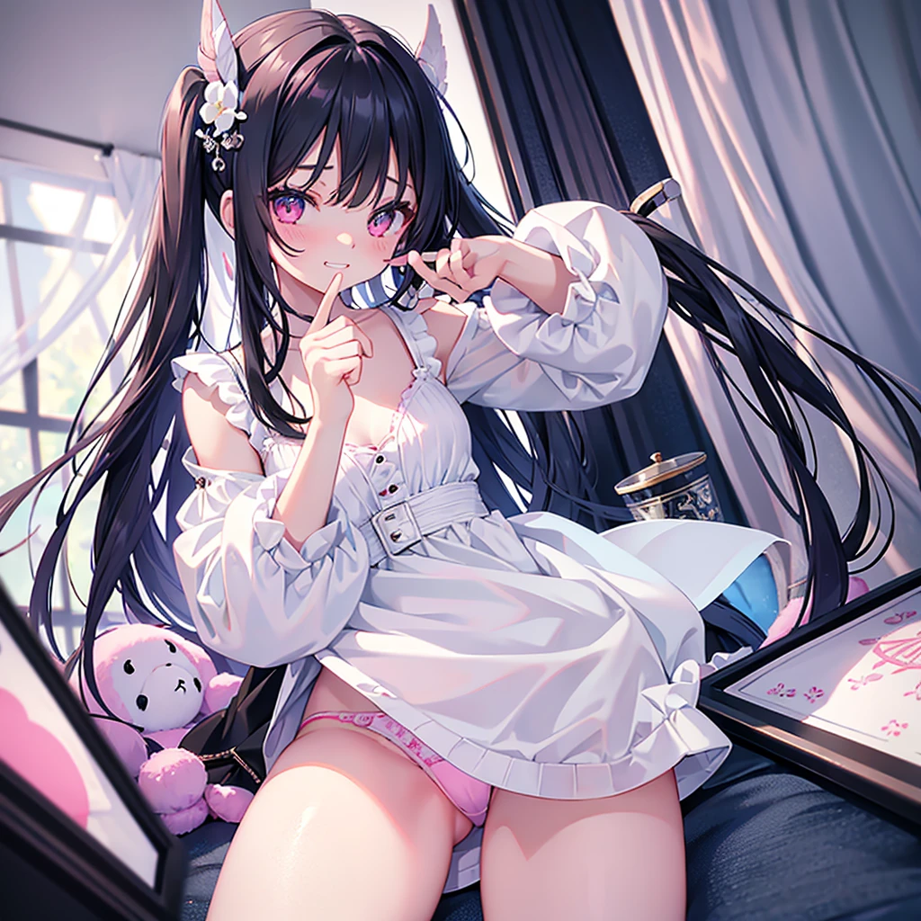 best quality, super fine, 16k, extremely detailed, delicate and dynamic, cute woman, baby face,black hair, pink eyes, A detailed eye, seductive grin, source_anime, high detail, hair ornament, small breasts, solo, 1girl, thighs, light blue bra, light blue panties, Two-side-up,malicious smile、Young features, looking at viewer, (white background:1.3),long-sleeve,puffy sleeves fluffy hair、Elementary school girls, Put your hand on your face, hair clips、(Ridicule:1.1)、looking-down、Looking from below angle,Being looked down upon by girls,Black Stockings,standing, underwear