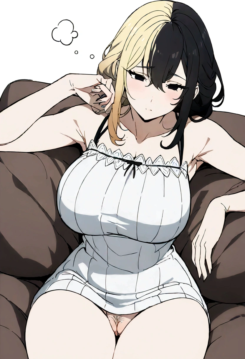 Masterpiece, High quality, High quality of art, best quality, best details, anime lineart, anime style, 1girl, solo, Milf, mommy, big hips, female proportions, big breast, Dark ash hair on a blonde hair base, fragrant hair, black hair, cold gaze, Sitting on the sofa, black mommy home dress, Gradient hair, black hair roots, white hair tips, black hollow eyes, naked, Hairy armpits, hairy pussy, Sleepy, black eye shadows
