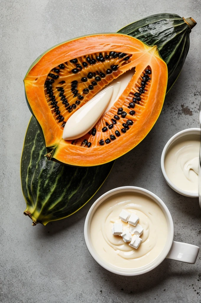 half a papaya full of evaporated milk with lots of milk