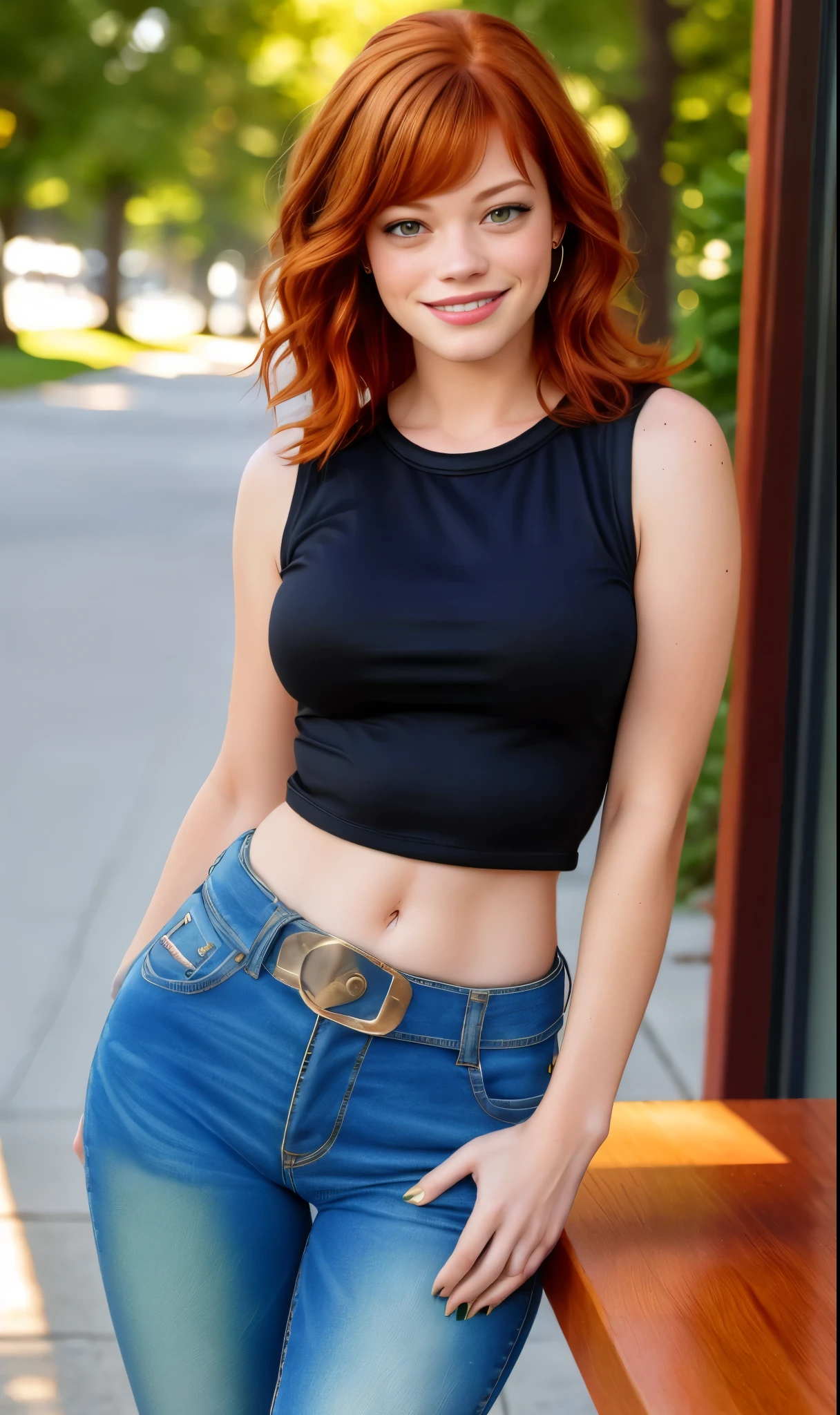 mjw2023, Jane Levy, 8k, best quality, trending on arstation, masterpiece, black top, jeans, looking at viewer, 5 fingers, bangs. long auburn hair, green eyes, cute smile