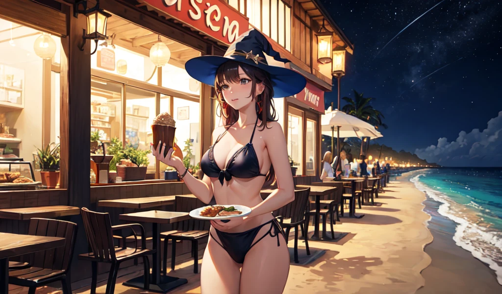 ((Highest quality)), ((masterpiece)), (detailed), 1 Witch Clerk, sexy,Sandy Beach Restaurant,Wearing a cap,Carrying two plates of food,bikini,Walking between the tables,The background is the sea and the starry sky.