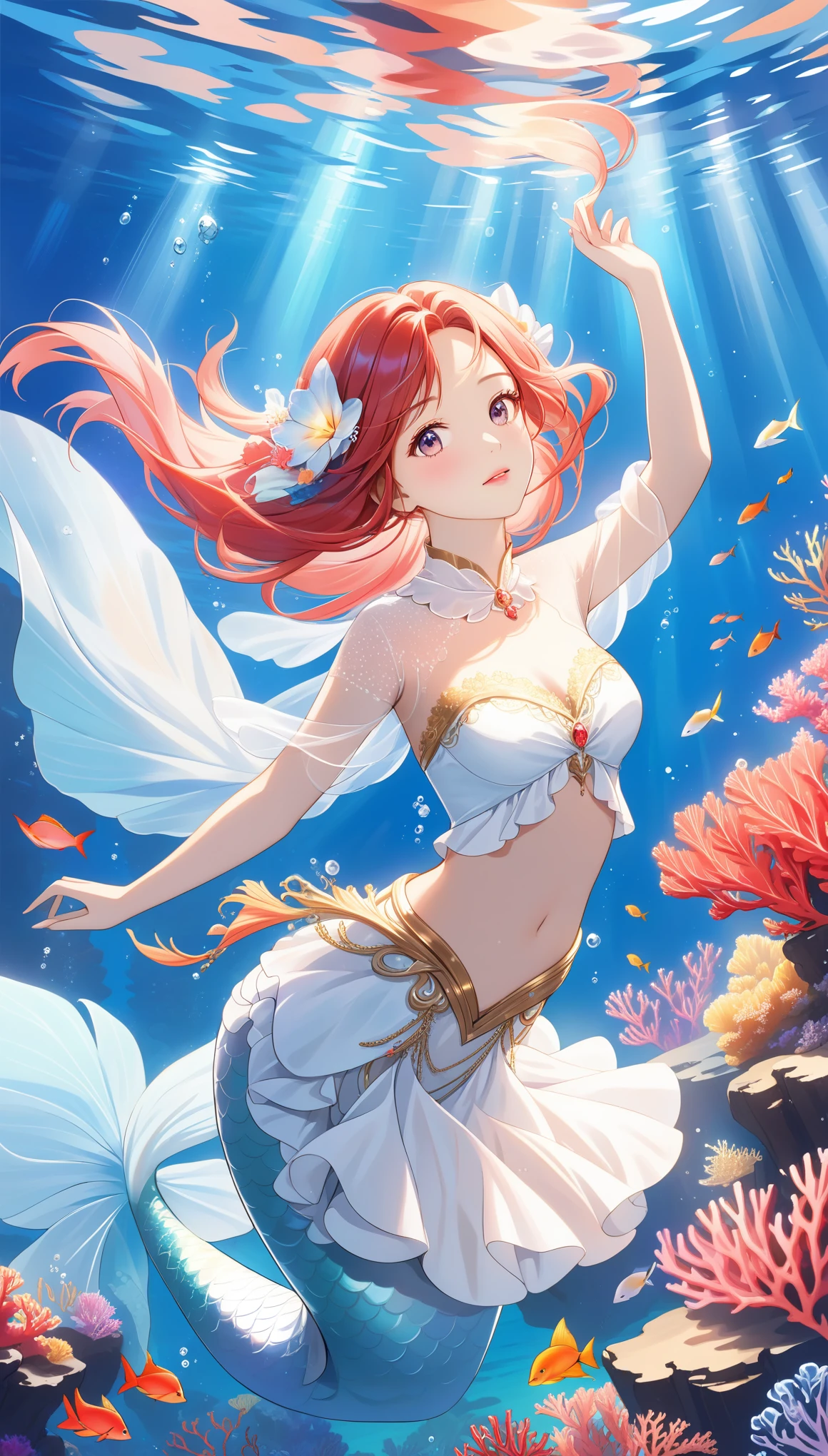 Underwater mermaid,pass white skirt,there are colorful coral underwater,light spots on the face,