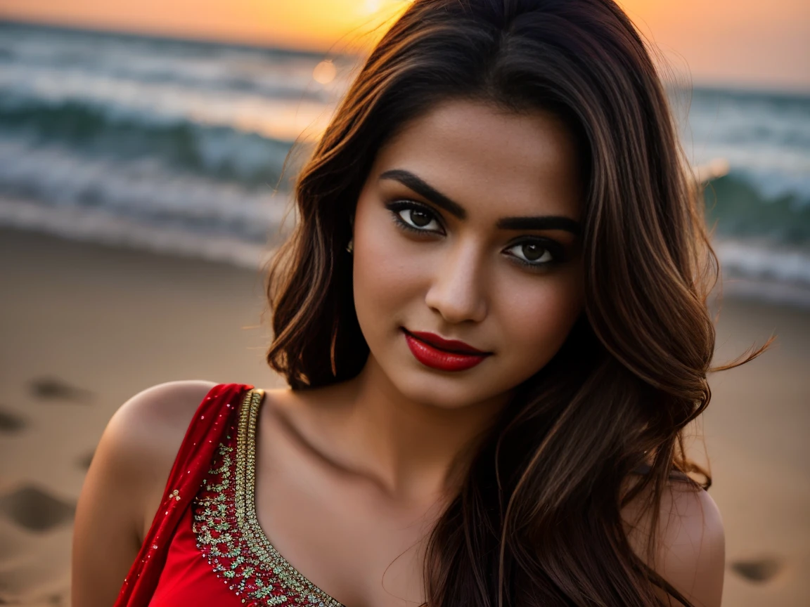 Ultra realistic cinematic soft light and ultra detailed red hour portrait,1girl in, 19, Solo, Long hair, Colossal , Looking at Viewer, black hair, Bare shoulders, Brown eyes, Full curvy body, off shoulders, saree, Realistic, A sexy, 4K, max quality, small breasts, super sharp image, 8K, beautiful pose, playboy model, photo session, red lips, headshot, masterpiece, sex bomb, kashmiri, detailed body, Egyptian dress, chewing lips, highly detailed, seducing, seductive,face only, perfect lightening, white skin, good bright lightening, beach , dancing face lusty smile