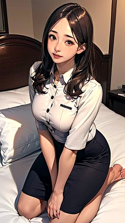 1 Woman, Japanese Woman,(Housewife:1.5),(40 Years Old:1.68),(Attractive Mature Woman:1.66),(Middle Age:1.78),(Small Round Face:1,69),(small breasts:1.5),(Casual, collared cutter shirts, buttons,long tight skirt),(((Casual hotel, modern interior, double bed, on bed, pillows))),(kneeling)、