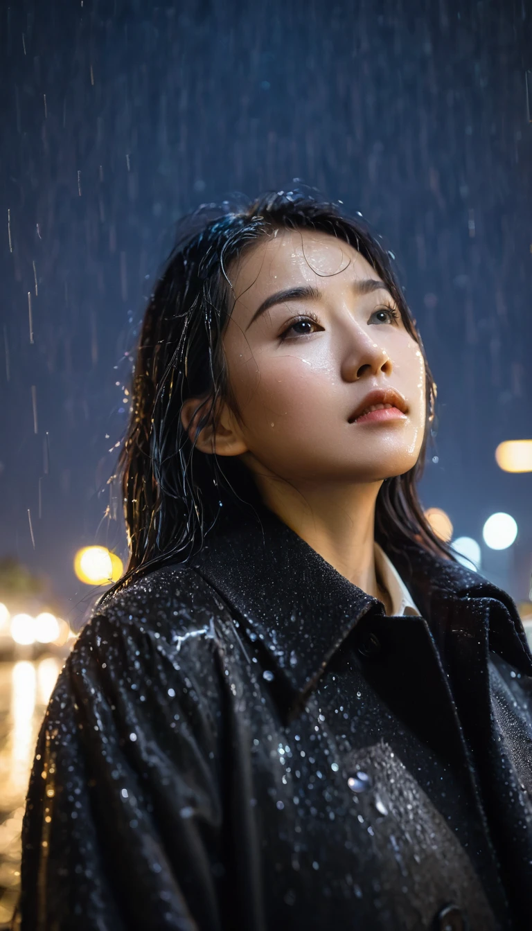 A low angle shot photo of an asian young woman looking at the camera, black coat, night, pouring heavy rain, long raindrops, long exposures, night sky background, raw photo, cinematic lighting 