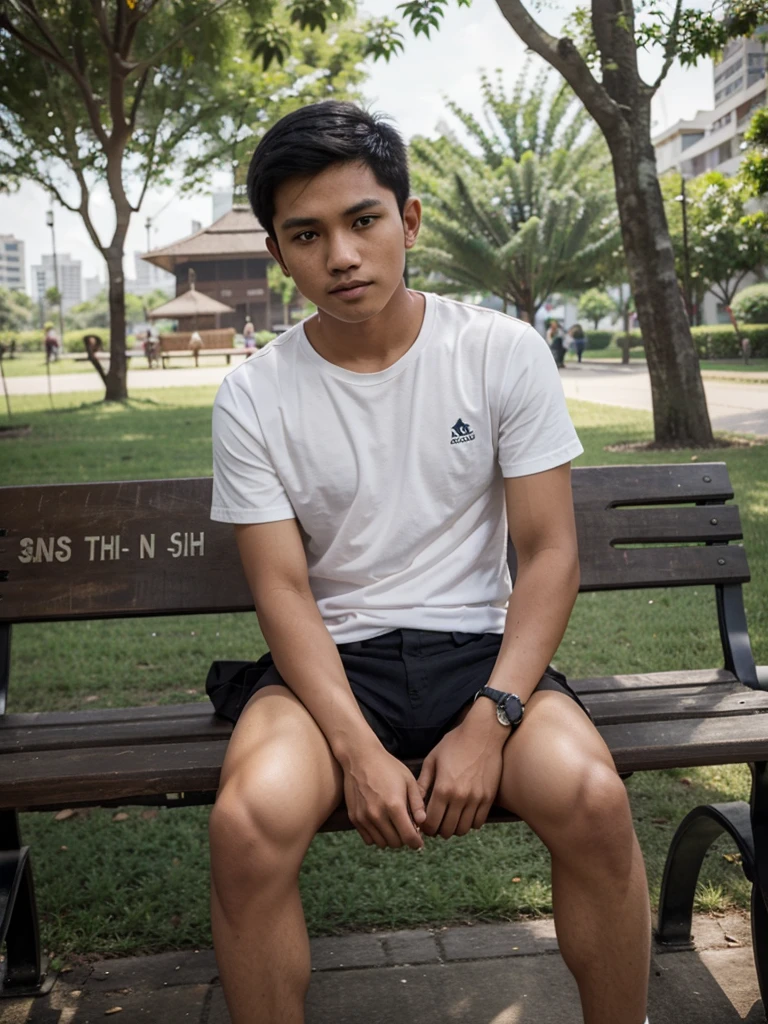 a 21 year old Indonesian boy with short hair sits on a park bench looking at the camera