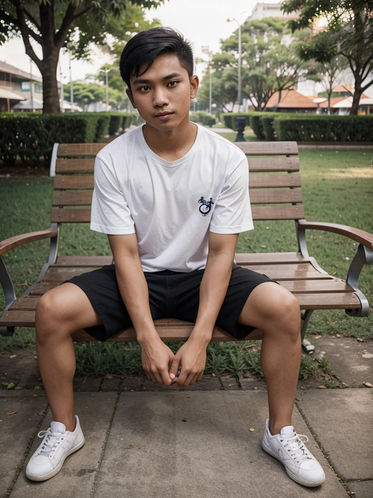 a 21 year old Indonesian boy with short hair sits on a park bench looking at the camera