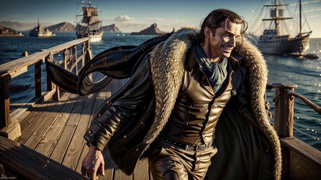 masterpiece, best quality, extremely detailed, hyperrealistic, photorealistic, a cool 40s man, ultra detailed face:1.2, fur-trimmed coat, scarf around the neck, his left hand is a golden pirate hook:1.1, sea, port city, ship, in the sunshine:1.1, sly smile, walking