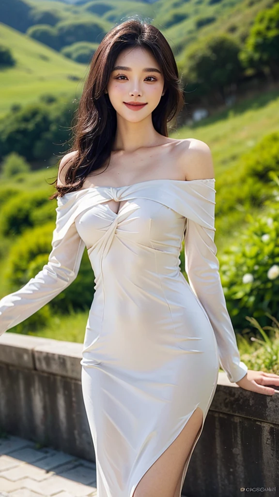 A sweet girl by the moutain，voluminous hair，Delicate face，Photorealsitic，of a real，largeaperture，wears a luxury dress body slim，A cropped dress，Off-the-shoulder，A dress around the neck，Slim，smiles，Ultra-high resolution, Blurred background