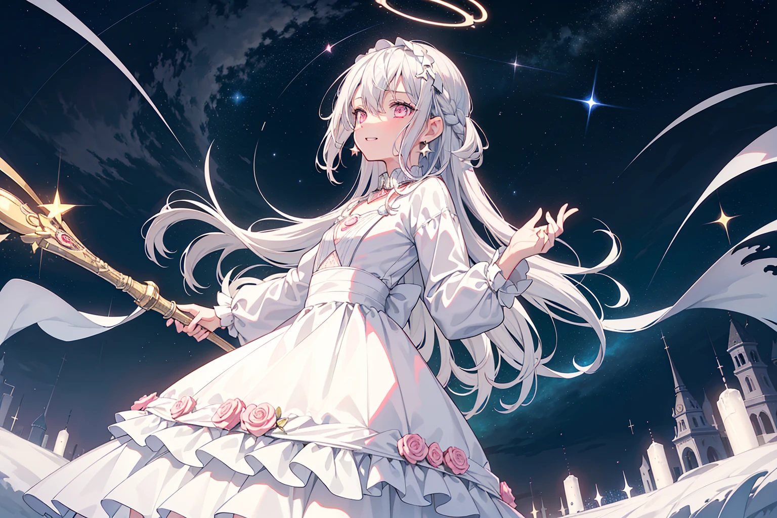 (best quality), (top-quality), (hight resolution), 8K images, (masterpiece), ((perfect face)), (detailed face), (detailed eyes), (clear lines), hair strand,Light skin, ((1girl)), ((solo)), beautiful fantasy anime, top rated on pixiv, (expressive eyes), (perfect eyes), (((bright light pink eyes))), perfect face, grinning, ((white silver hair)), (short white hair), braided bangs, hair over eyes, earrings, (((((flat chest))))),(collar shirt), (red quinceanera dress), (lolita fashion), (vintage), (halo above head), ((holding a long silver wand with a lot of stars))，Award-winning photo，extremely detailed，finely detailled, wide shot, (beautiful detailed sky with a lot of stars)，(galactic), (lots of beautiful and delicate water), offficial art, game spash art, ultra epic detailed sky, perfect lighting, (a lot of ice), full body like, star rain, (from the balcony)