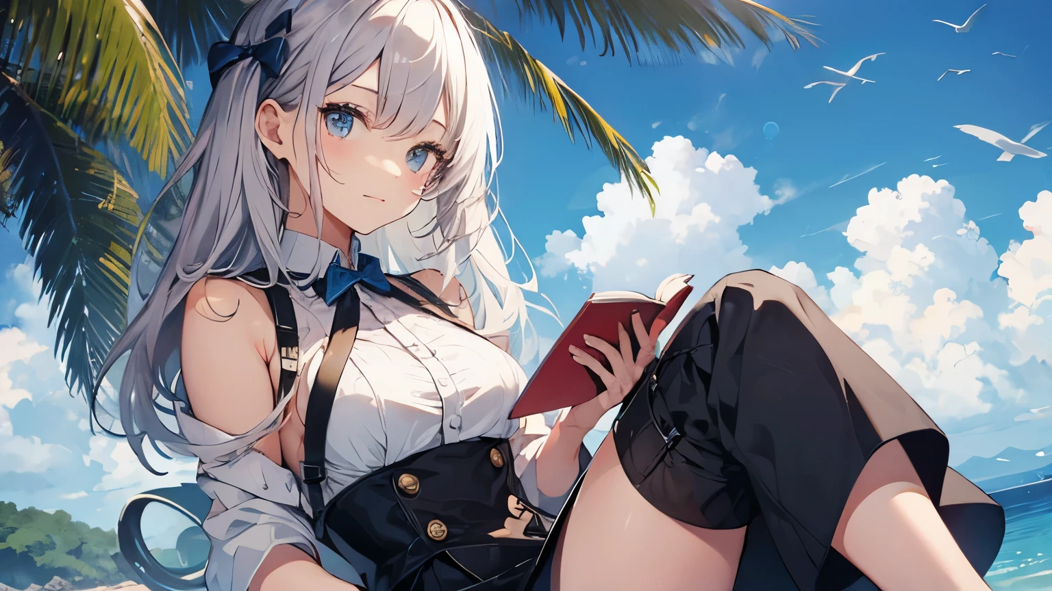 (Cute older sister:1.3)、((Very detailed)) sky、((1 person)),I have a book,Ocean,Tropical atmosphere,Summer sky