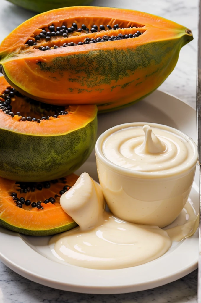 half a papaya filled with evaporated milk with lots of milk on top of the fruit