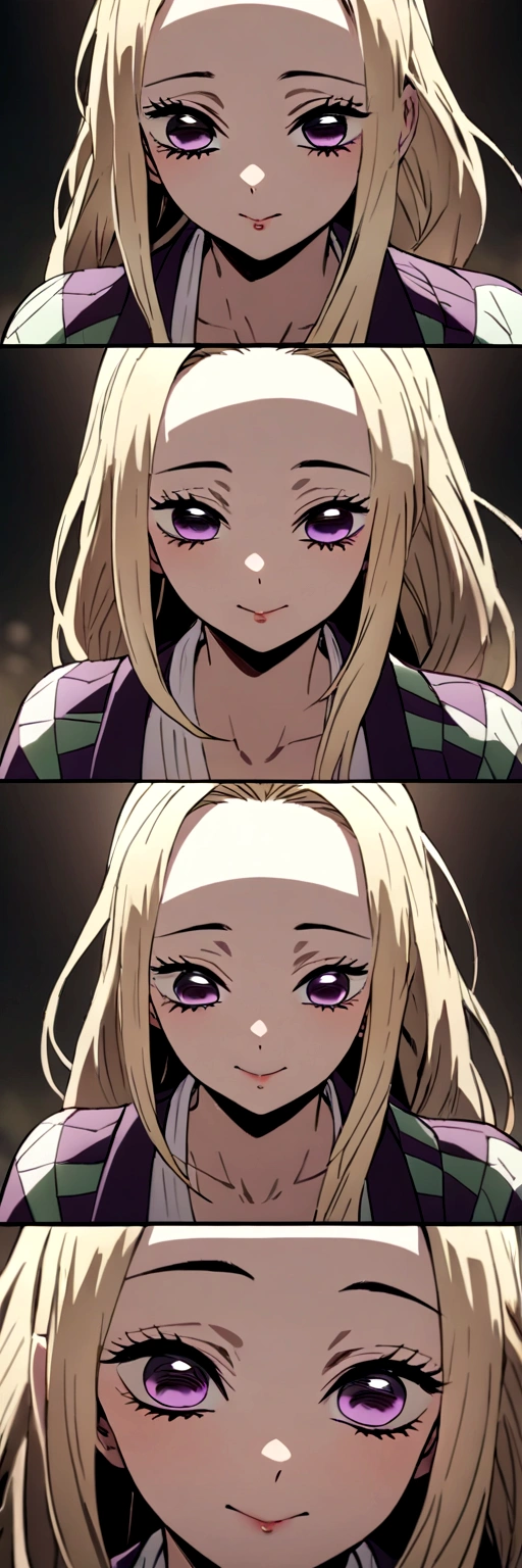 Masterpiece, Best Quality, a girl、light blonde hair、long hair、purple  eyes、wearing haori、smiley、Kimetsu no Yaiba、 