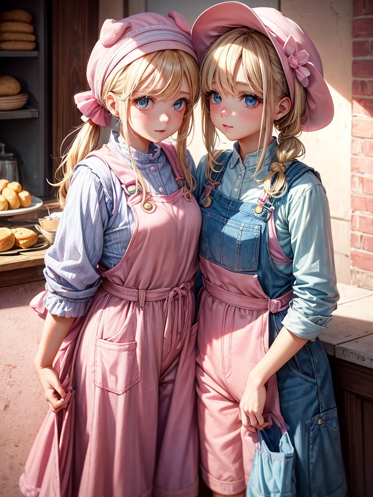 an adult woman, blonde with two pigtails with a bow each pink, pink dress yipo overalls, she has blue eyes, a pink hat on her head