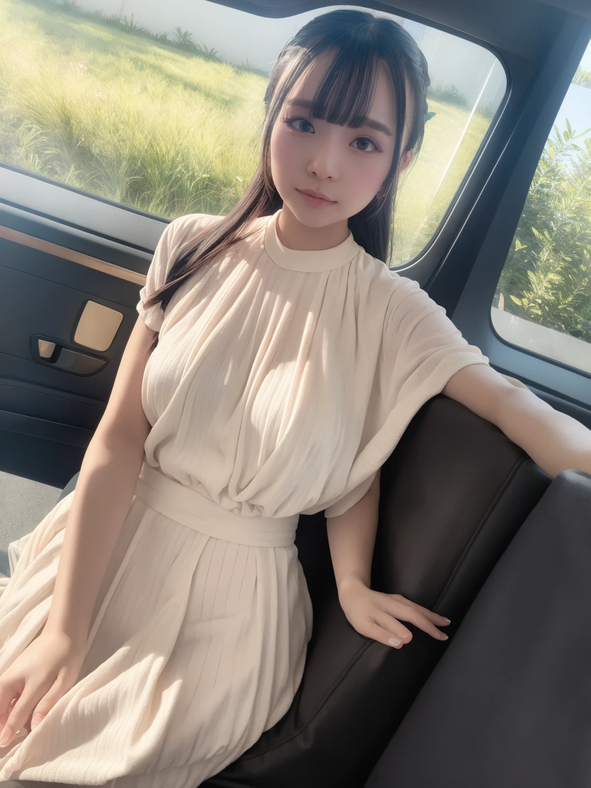 1 Girl ,Highest quality, Ultra-high resolution, Highly detailed skin, Physically Based Rendering, Large Breasts, Flat Chest, Down blouse,(20 year old Japanese student, Decorative fine bra , Overlap short sleeve blouse, Small breasts, Sensual ),Sitting, Crouching on the train, short hair, necklace ,close,From top left ,Focus on the chest ,High brightness