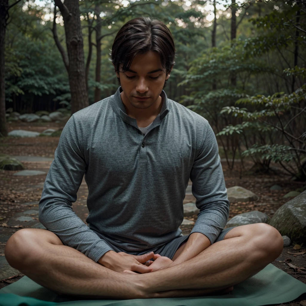 Man with yoga meditation pose doing meditation in a place with low lighting cold colors nature place calm place cold or hot weather sitting do not focus on the person's face