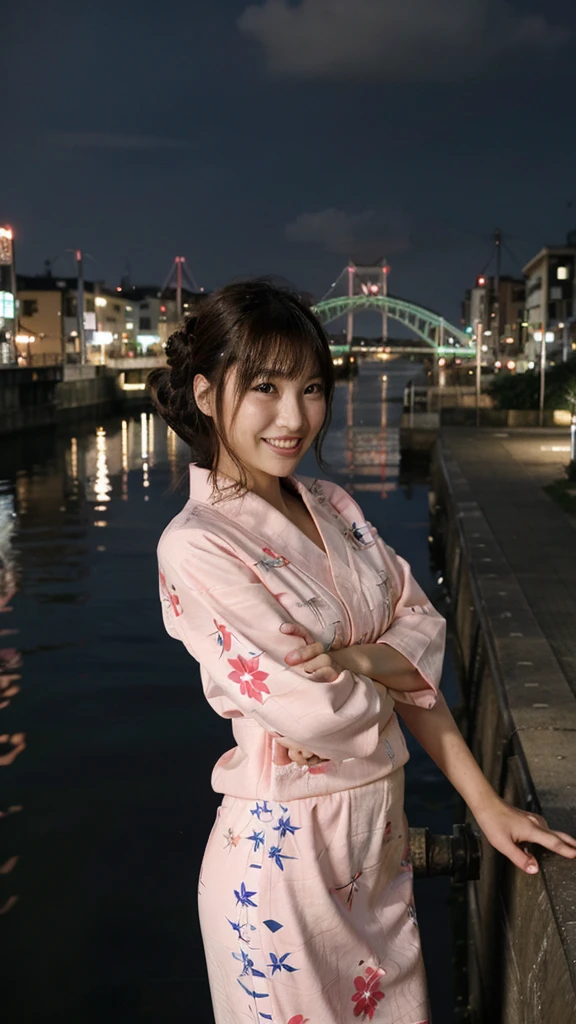 osaka city reference, city street with a river and a bridge at night and cruiser ship at middle of river, japanese city at night, japanese neon signs, japan at night, japanese city, glowing light, Bird eye view: A woman looking at the river、yukata、young woman、Japanese、cute、Laughing with mouth open、Bright expression、Cute yukata outfit