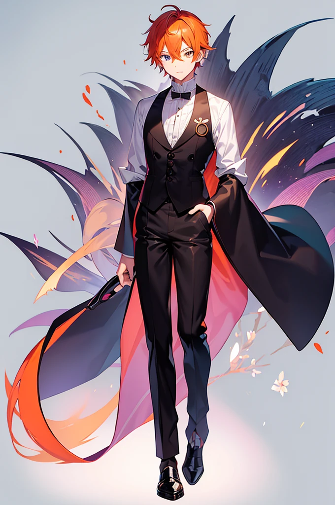 White background、Japan anime illustrations、成人male、アニメのmale、Orange Hair、all back、Black headband、Monocle、Purple Eyes、White shirt、Black vest、Black trousers、Brown leather shoeale、日本のmale、