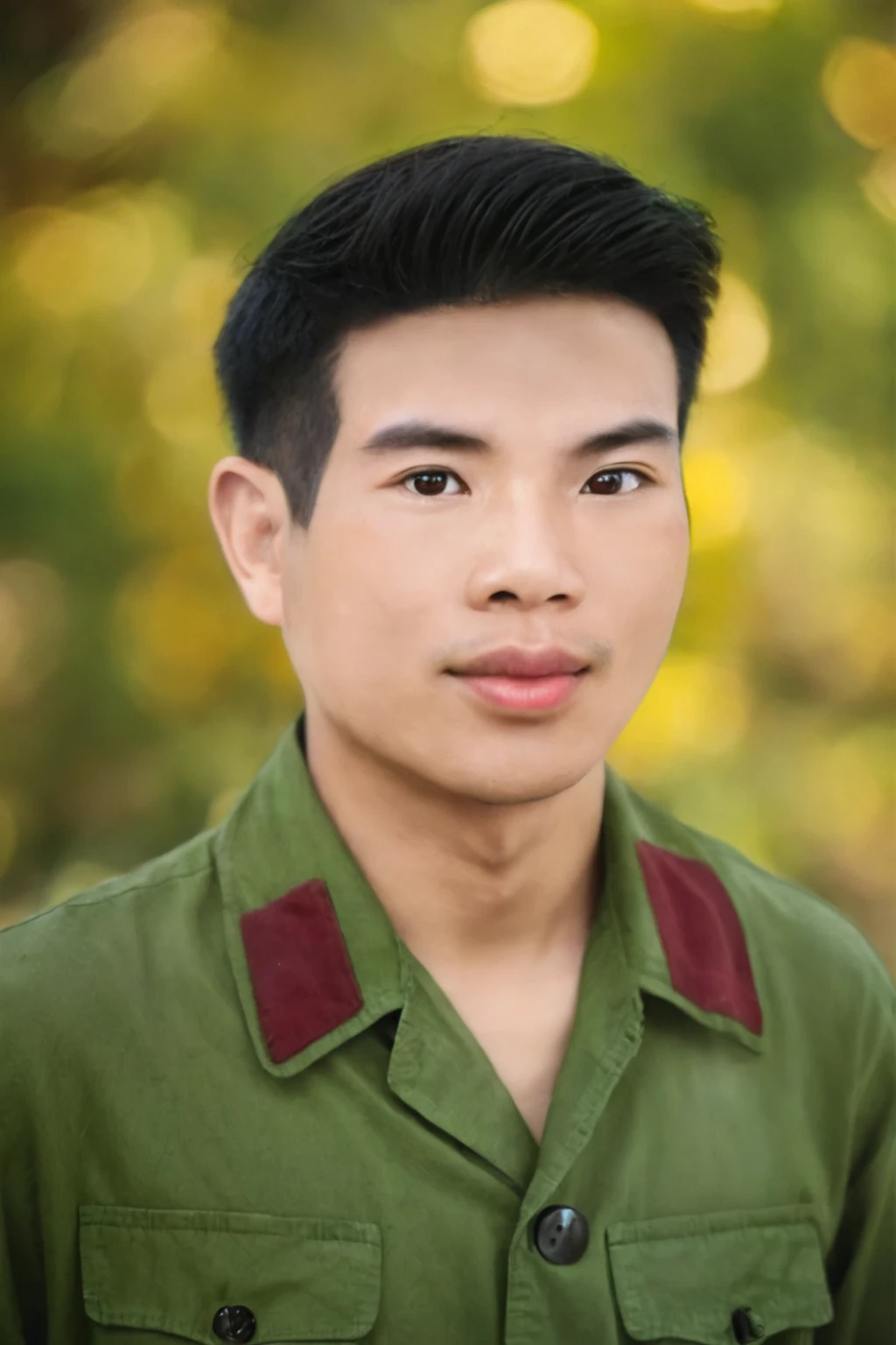Highly realistic photo, Portrait of a 25 year old Vietnamese old boy, green shirt