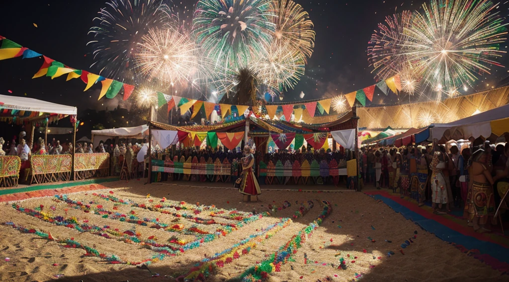 detailed logotipo festa junina, colorful festival decoration, brazilian folklore, traditional party, vibrant colors, warm lighting, fireworks, flags, confetti, balloons, music, dance, festive atmosphere, detailed elegant design, intricate patterns, masterpiece, photorealistic, 8k, best quality