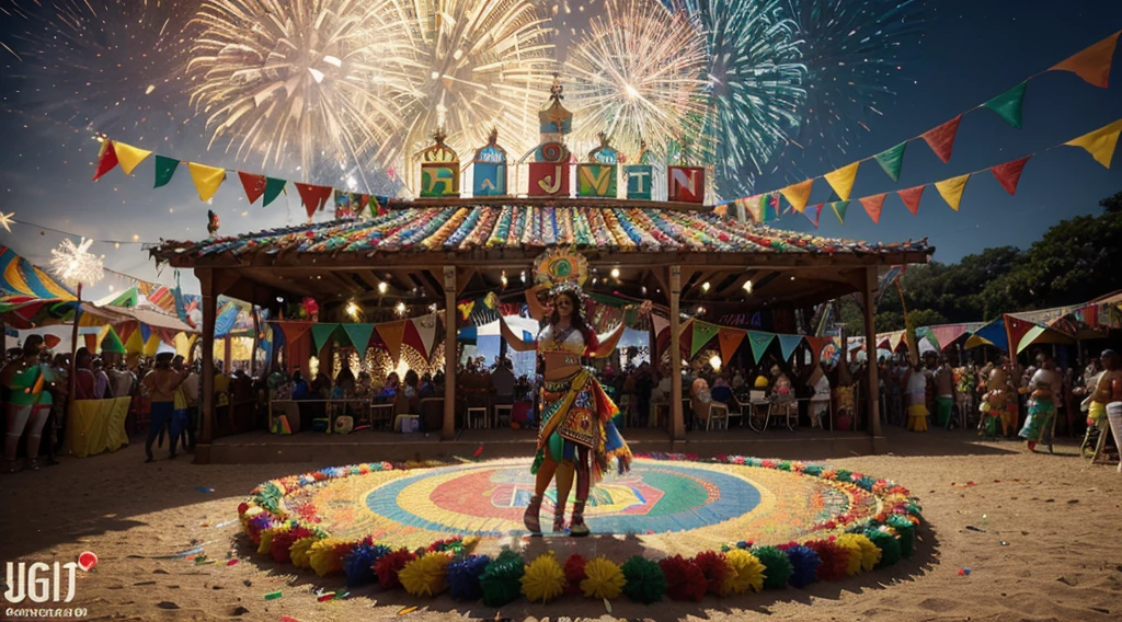 a vibrant scene with various elements representing Philippine culture. In the center, there's a stylized torch symbolizing the ignition of Philippine arts. Around the torch, there are diverse cultural symbols such as traditional dances, indigenous instruments, iconic landmarks, and colorful patterns. Birds of different species are depicted flying around the torch, symbolizing the diversity in flight. In the background, there are silhouettes of people engaging in various art forms, showcasing the expression and evolution of Philippine culture