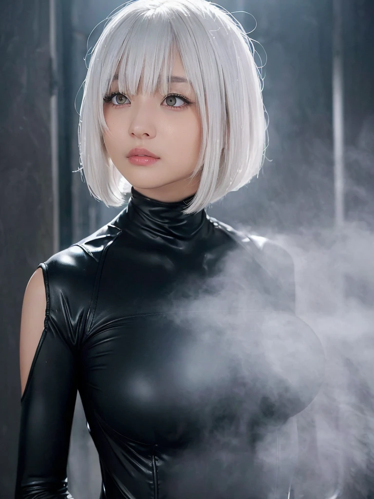 (bangs:1.3), (deep mist  :1.5), (mixed white hair :1.4),(perfect skin girl:1.4),(beautiful hair1.3),(bigboobs:1.3) 
(black carbon suits:1.3),(neatly groomed short hair :1.4),(white eyes:1.5)