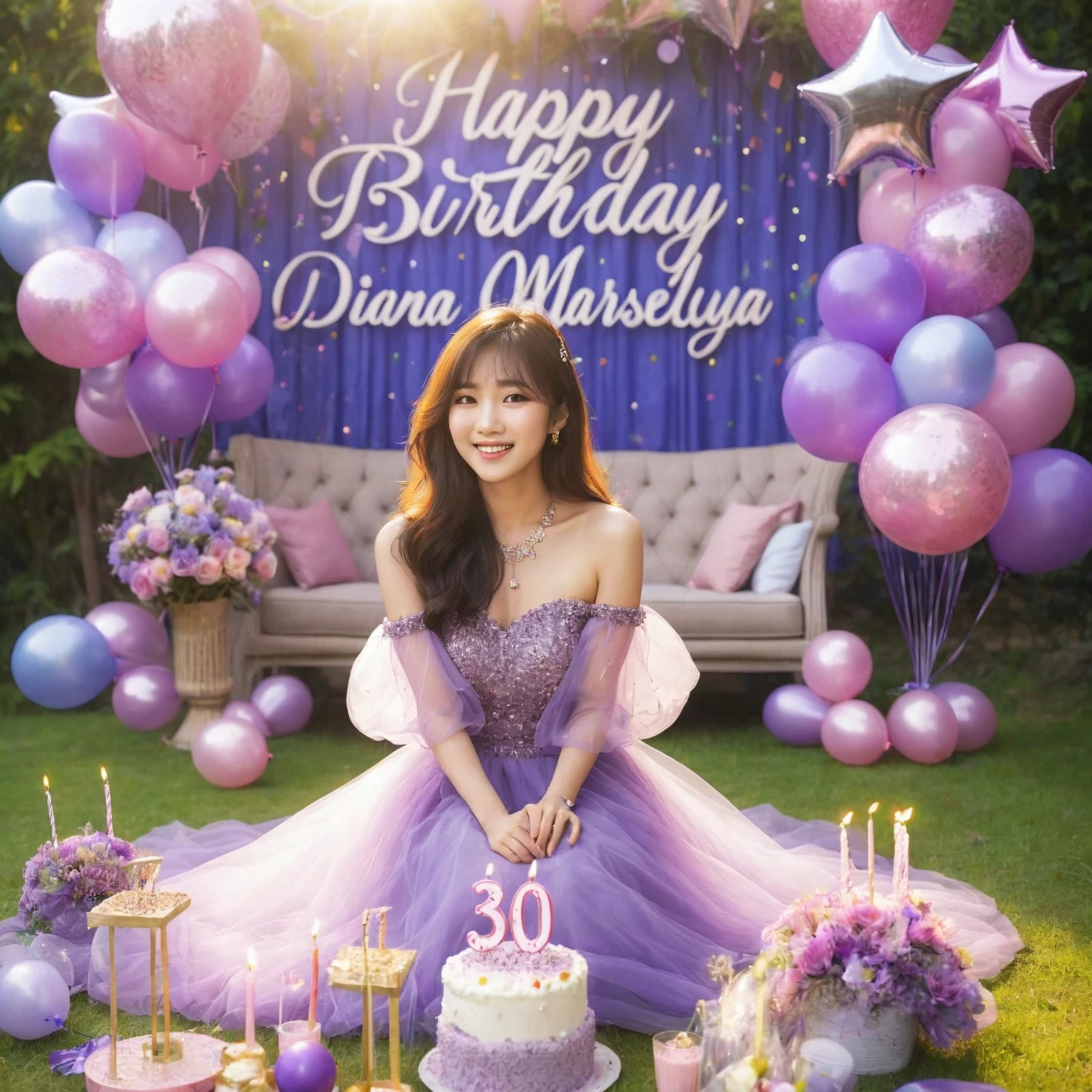 professional photography of the birthday celebration of a 30 year old Asian woman wearing a beautiful party dress, sitting on the grass filled with balloons and birthday decorations with the number 30 and the words "Happy Birthday Diana Marsellya", there is a birthday cake that says "Happy Birthday 30th ", he is happy and smiling, outdoor background with birthday decoration backdrop, long distance shot with 800mm lens, high quality photo