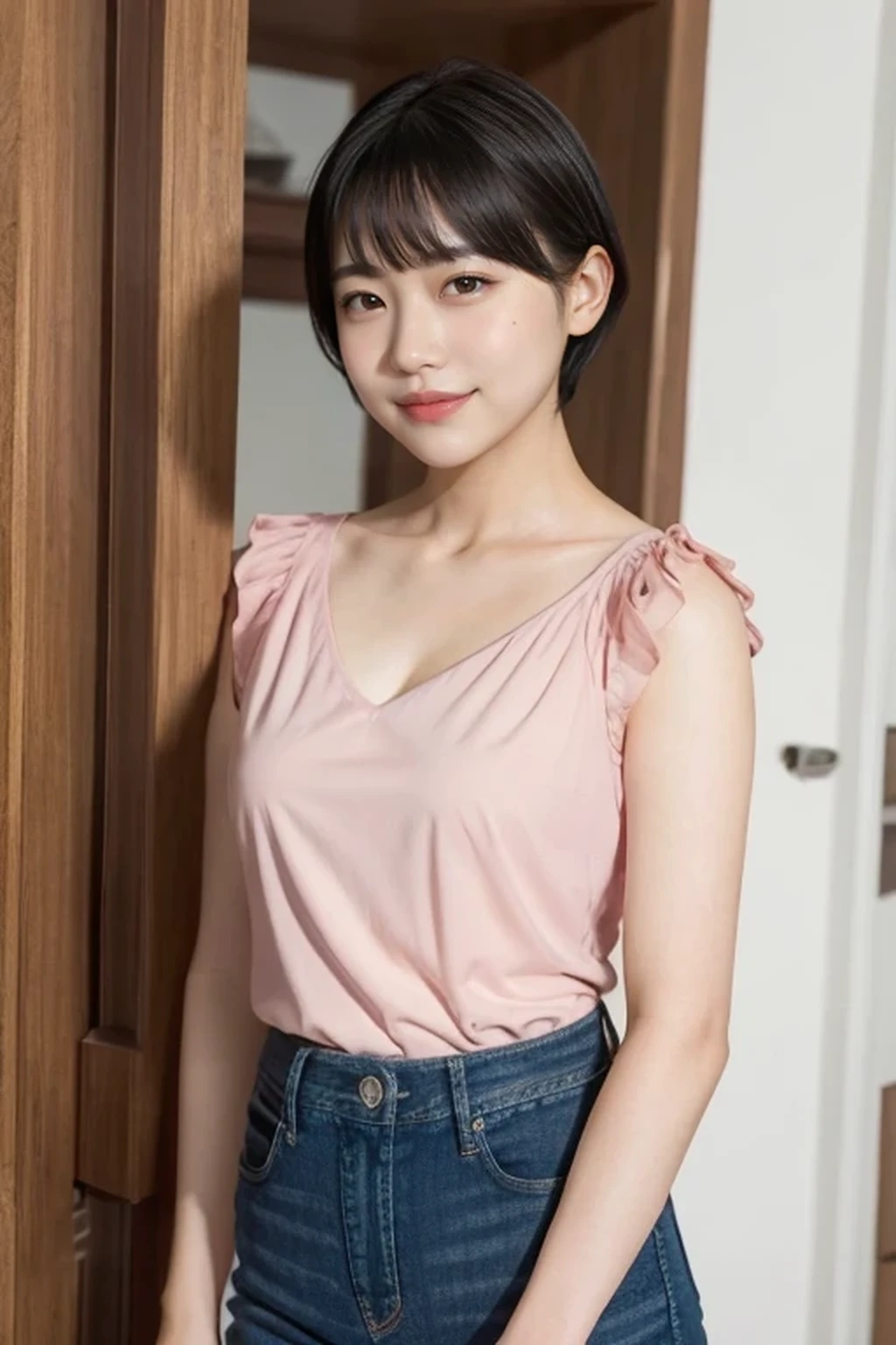 v-neck, pale pink blouse and skirt, cleavage, collarbone, denim, jeans, large breasts,
door, doorway, indoors, leaning forward, opening door, one girl, , 8k, RAW photo, best quality, masterpiece, realistic, photo-realistic, clear, professional lighting, BREAK, no makeup face, smile, BREAK, (short cut hair, small breasts:1.2), black eyes, black hair