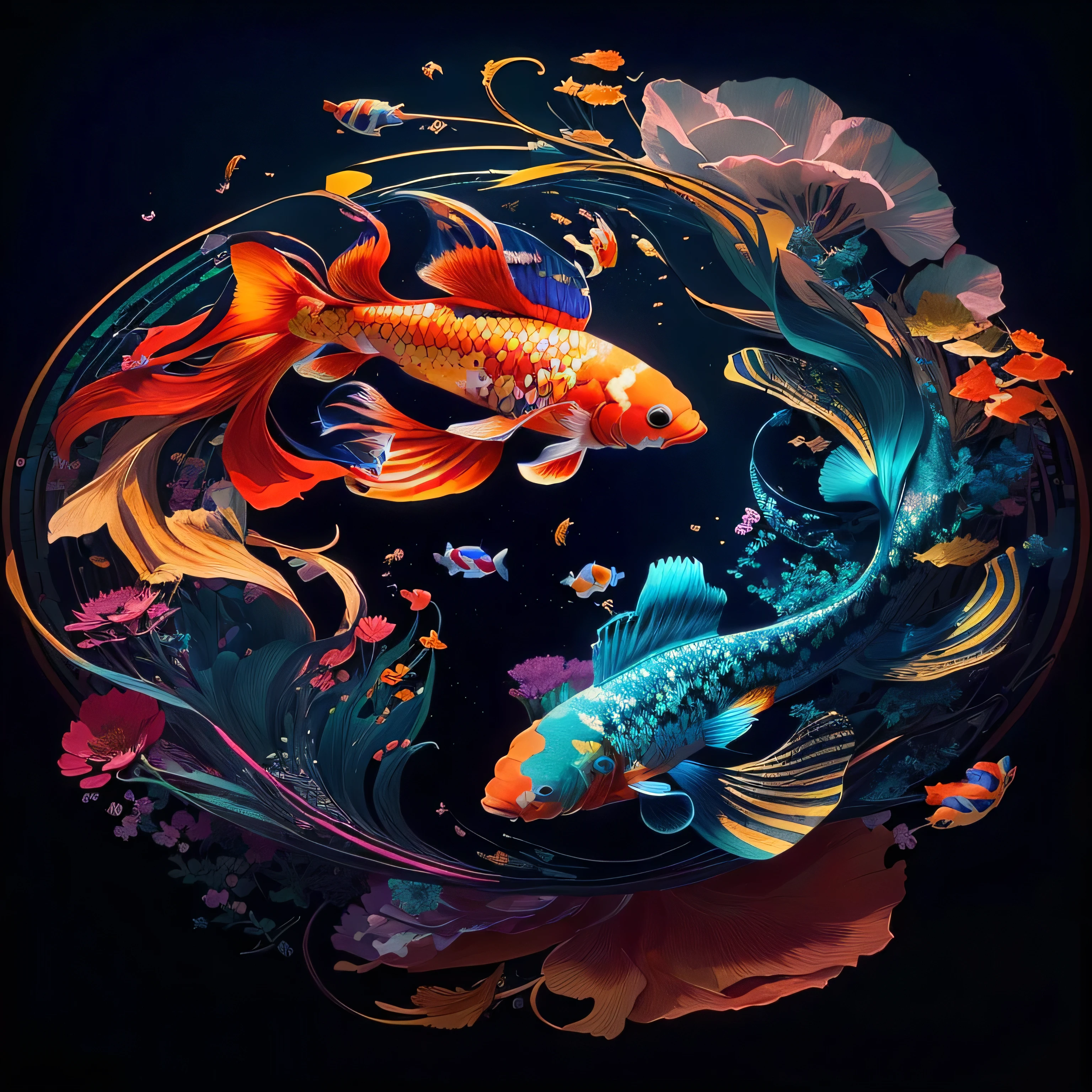 a close up of a fish in a circular shape with flowers, fishes, pisces, fishes swimming, colorful fish, koi fishes, koi fish, koi colors, stylized digital art, gorgeous digital art, beautiful digital artwork, beautiful digital art, koi fish floating in space, full of colors and rich detail, a beautiful artwork illustration, ( ( ( koi colors ) ) )