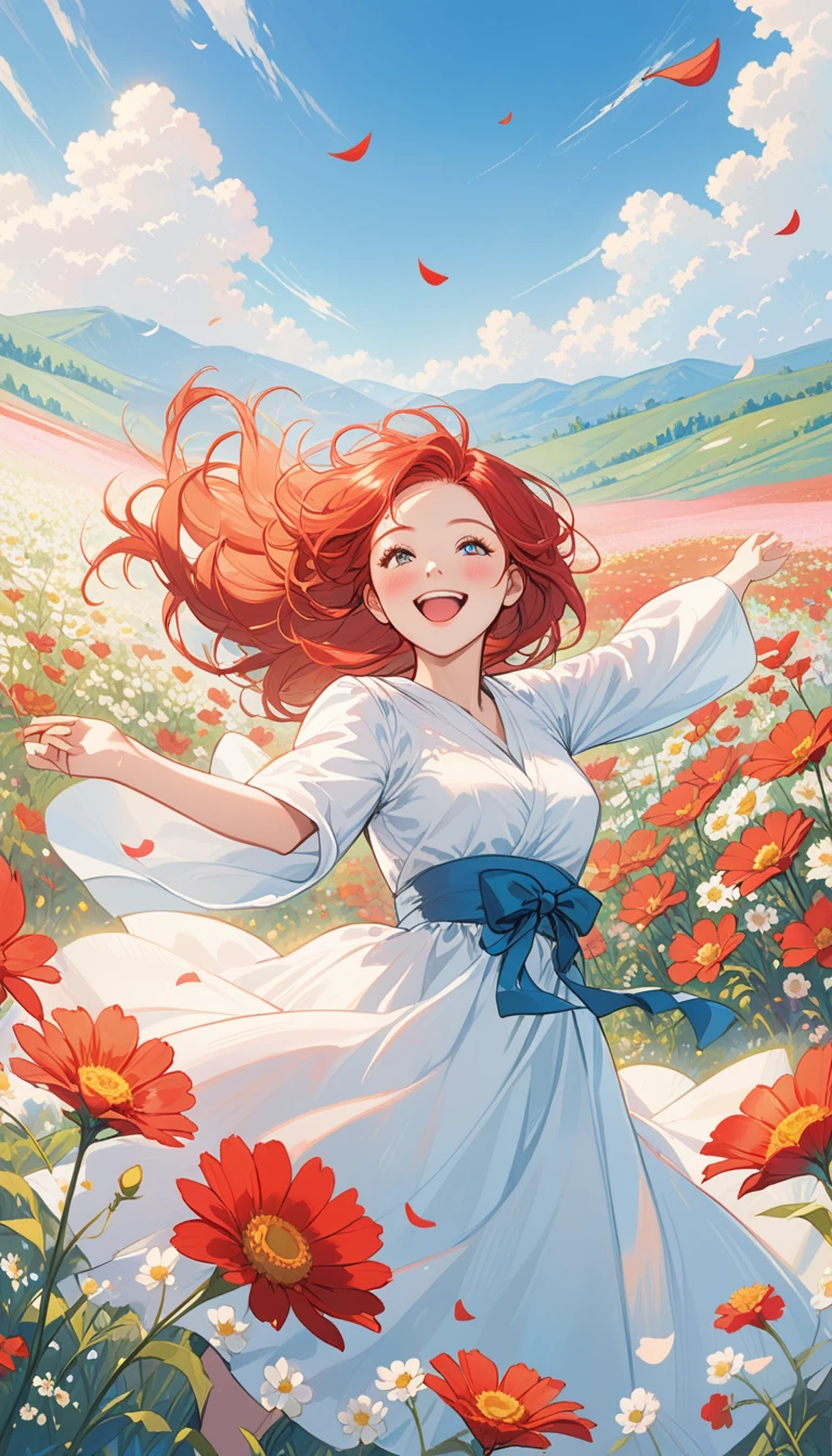 illustration of a joyful woman with vibrant red hair surrounded by a field of flowers under a clear blue sky,best quality,