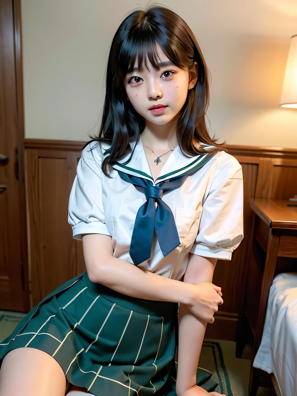 ((Highest quality))、(masterpiece:1.4)、RAW Photos、8K、((Best image quality))、 ((High resolution))、Beautiful face in every detail、Realistic human skin、Gentle expression、(One Woman:1.3 )、Realistic、Realistic、(Beautiful woman)、(Cute Japanese Girl)、(boyish:1.35)、((mannish))、((Beautiful woman))、(Beautiful Hair)、((Dark green hair))、(((Red cheeks)))、((Her eyes are big))、 year old beauty、(Her face is small:1.7)、Small Head、((Long neck))、White skin、Beautiful Skin、With bangs、Everyone longs for、のBeautiful woman、eight-headed body、(necklace)Looking into the camera、smile、Happy expression、very dark green short hair,Oily shiny knee socks、(The perfect school girl uniform:1.3)、Blue ribbon sailor suit、(Beautiful small breasts:1.3)、(Red checkered mini skirt:1.2)、sexy