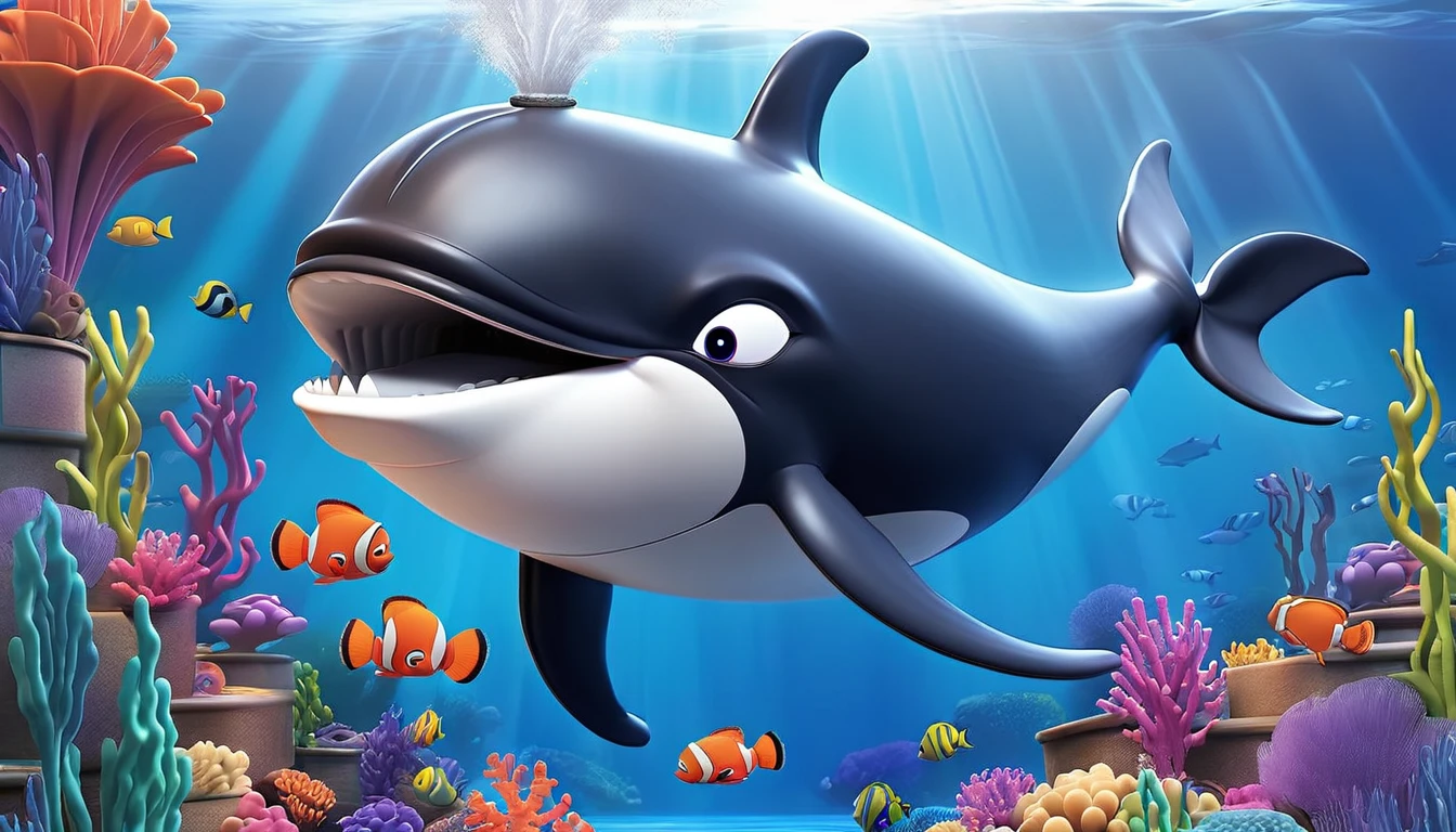 Create a 3-D Pixar style art scene for kids featuring a close-up of a whale's blowhole with water spouting out. The scene should be colorful and vibrant, with an ocean background, coral reefs, and schools of fish. The overall mood should be engaging and inviting for young children